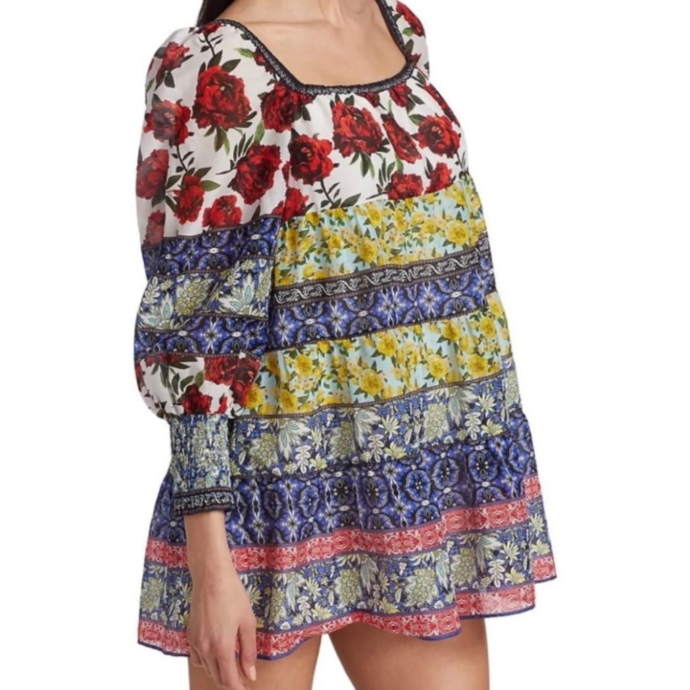 Alice + Olivia Rowen Floral Patchwork Puff Sleeve Tunic Mini Dress